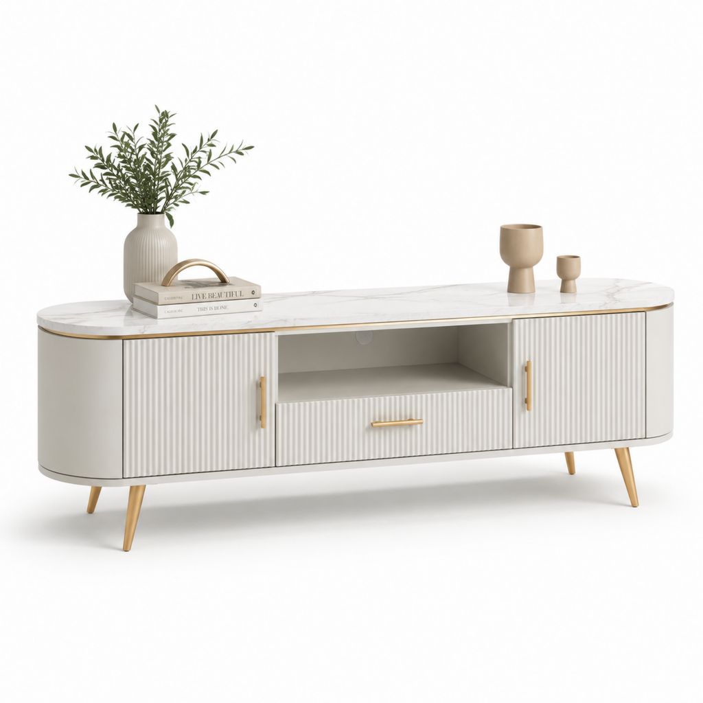 TV-Lowboard Weiß mit Marmoroptik MDF 180 x 40 x 55 cm mit 2 Türen und Schublade