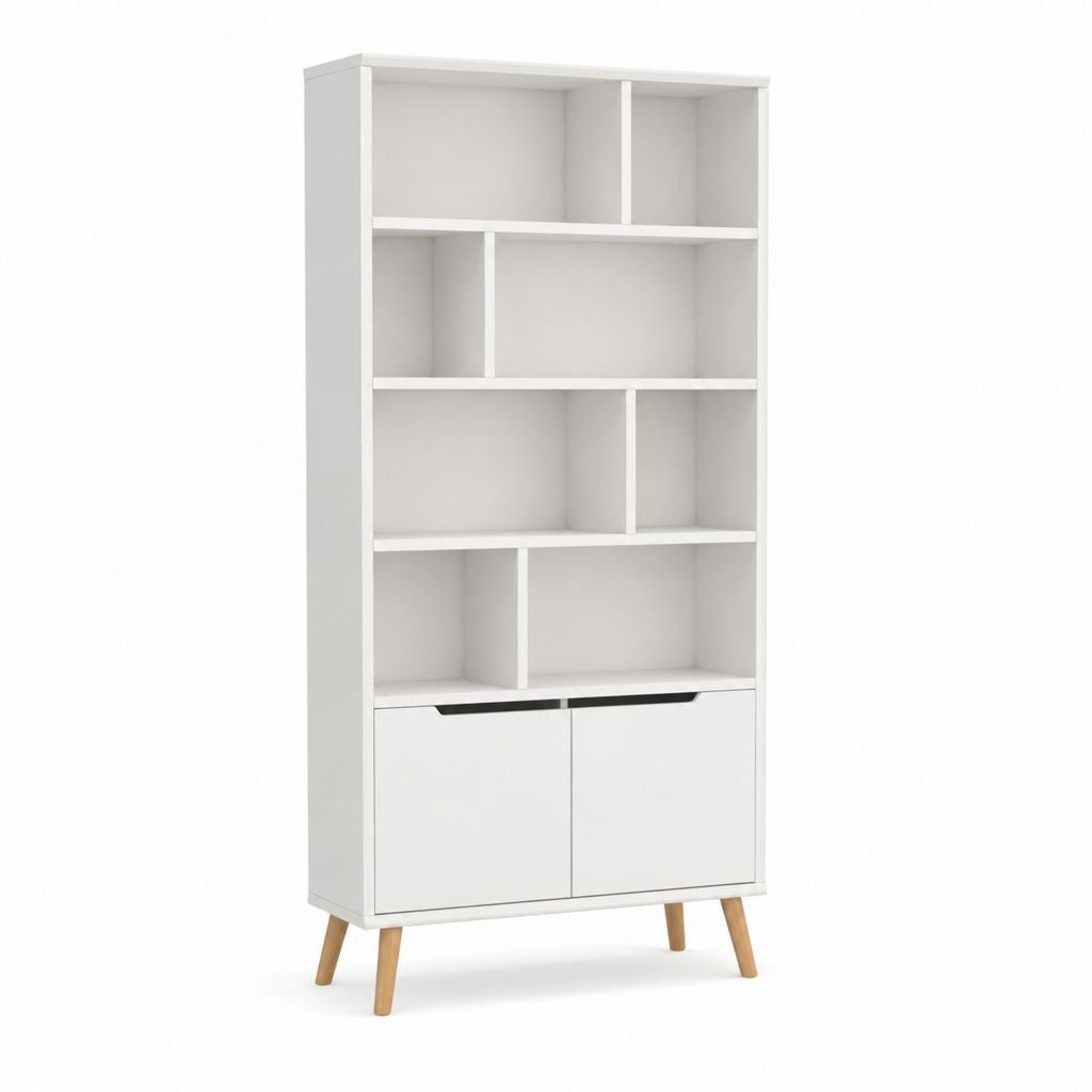 Bücherregal Weiß aus Spanplatte mit 2 Türen und Kiefernholzfüßen 80 x 30 x 180 cm