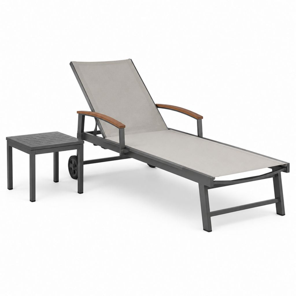 2-teiliges Gartenliegen Set Grau Aluminium Textilene mit Beistelltisch 195 x 65 x 35 cm