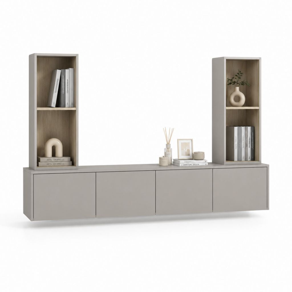 Wohnwand mit TV-Lowboard und 2 Regalen Greige Eichenoptik Spanplatte 240 x 40 x 160 cm