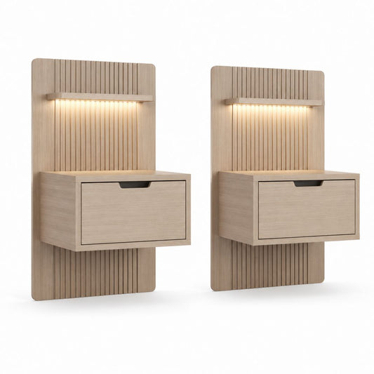 2er Set Wandnachttische mit LED-Licht Eiche natur MDF rechteckig 40 x 30 x 70 cm