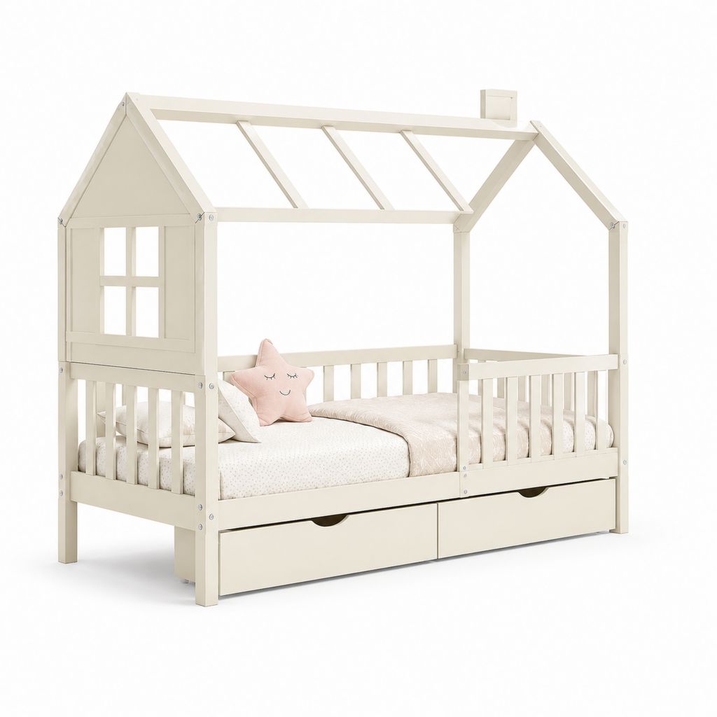 Kinderhausbett Weiß aus massivem Kiefernholz in Hausform 90 x 200 cm mit Rausfallschutz und 2 Schubladen
