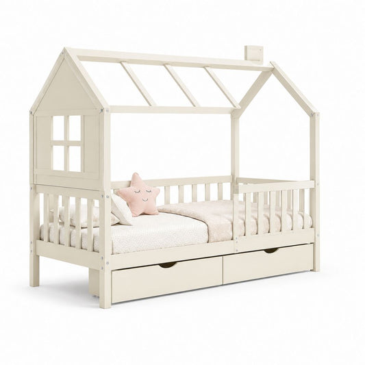Kinderhausbett Weiß aus massivem Kiefernholz in Hausform 90 x 200 cm mit Rausfallschutz und 2 Schubladen