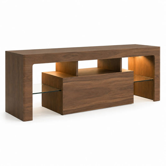TV-Lowboard walnussbraun aus MDF mit Nussbaumfurnier Glasböden und LED-Beleuchtung 180 x 45 x 75 cm