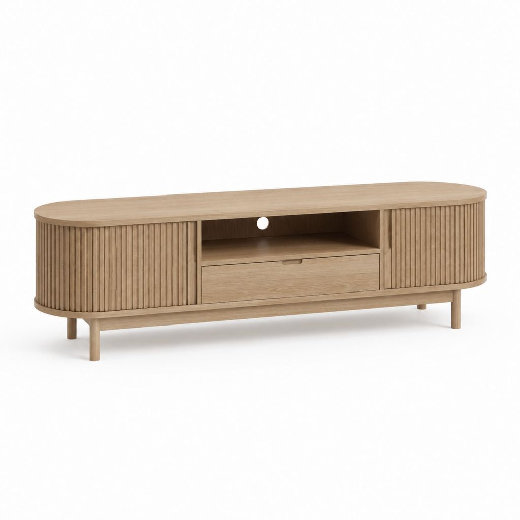 TV Lowboard Eiche hell MDF oval 160 x 40 x 55 cm mit Schublade Kabeldurchlass und Lamellentüren