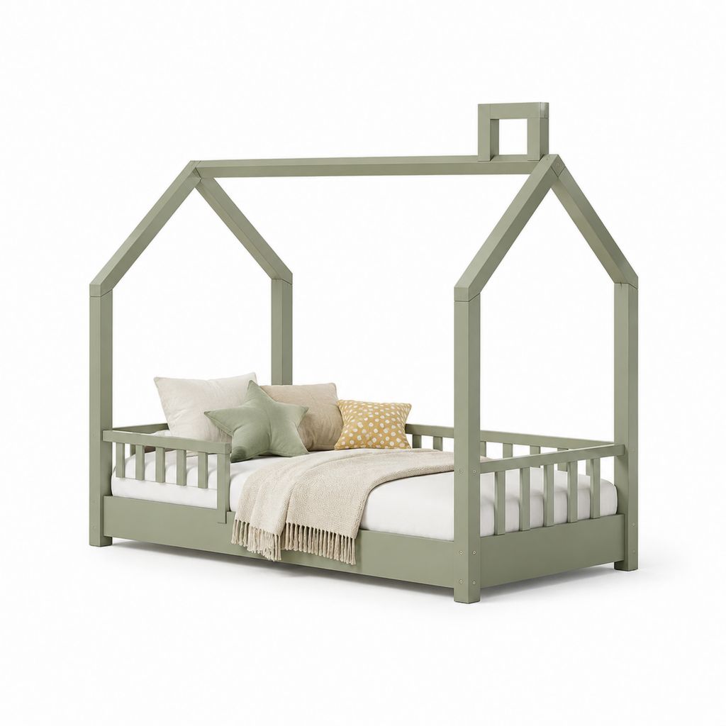 Kinder Hausbett Salbeigrün Kiefer Massivholz Hausform Liegefläche 90 x 200 cm Außenmaß 208 x 98 x 165 cm
