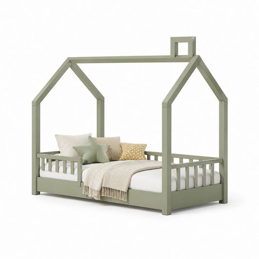 Kinder Hausbett Salbeigrün Kiefer Massivholz Hausform Liegefläche 90 x 200 cm Außenmaß 208 x 98 x 165 cm
