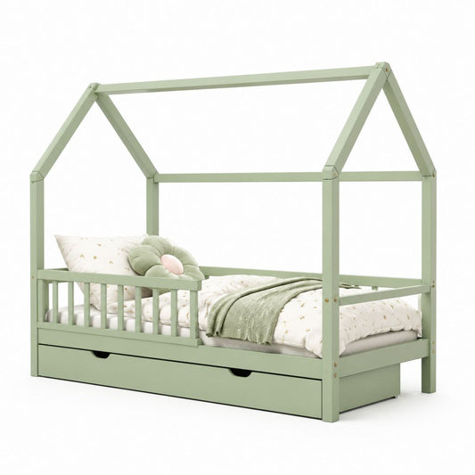 Kinderhausbett mit 2 Schubladen Salbeigrün Massives Kiefernholz Hausform 90 x 200 cm