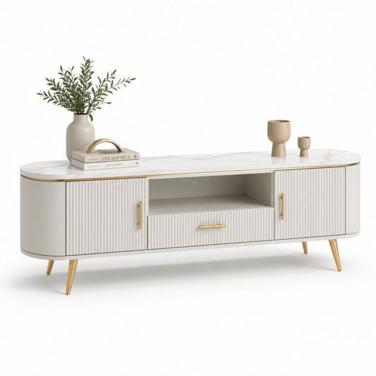 TV-Lowboard Weiß mit Marmoroptik MDF 180 x 40 x 55 cm mit 2 Türen und Schublade