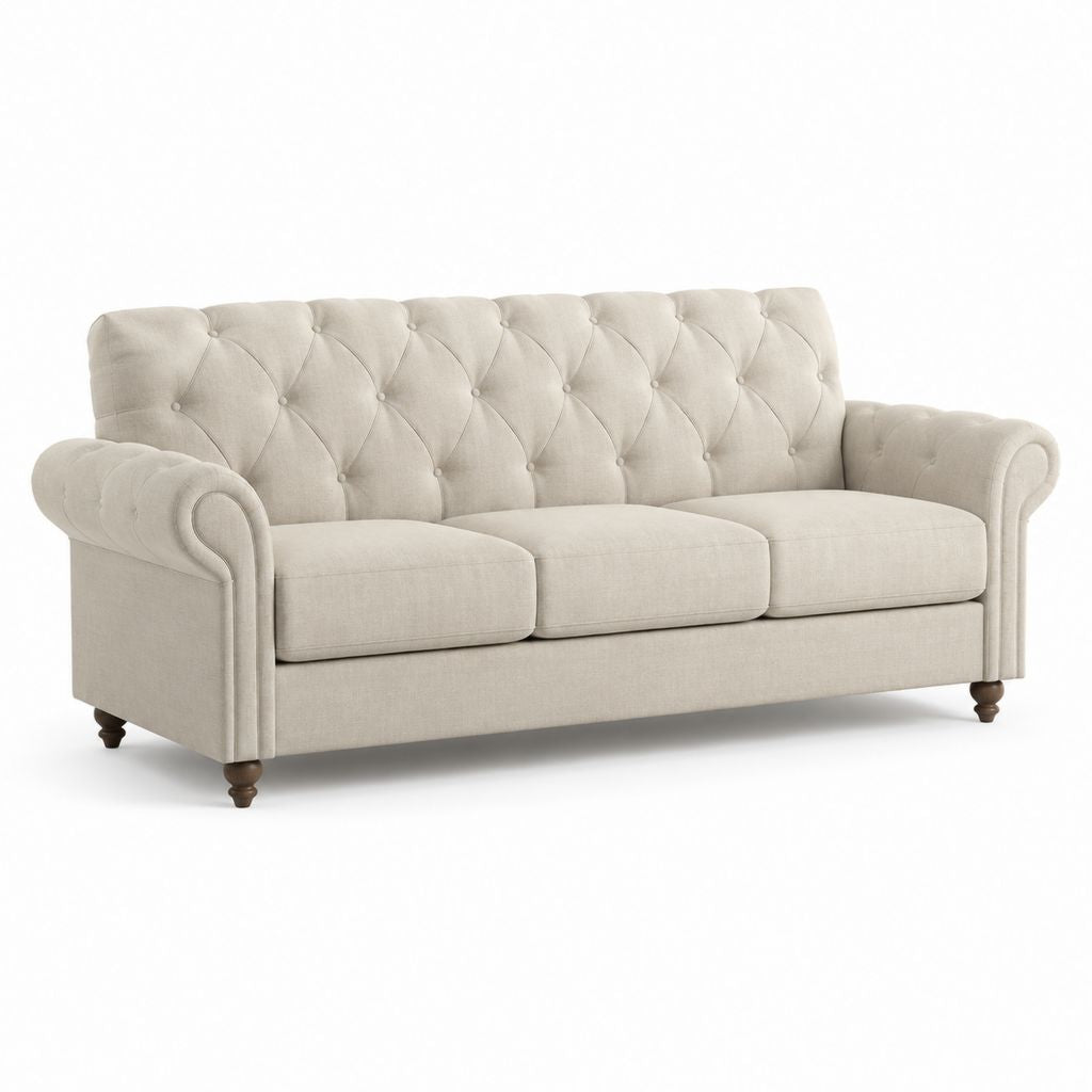 3-Sitzer Chesterfield Sofa Creme Polyester Gerade 210 x 90 x 85 cm